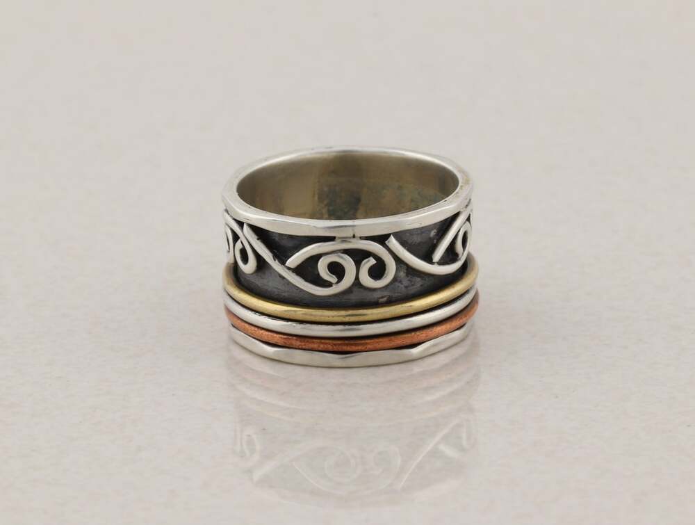 Sterling Silver Unique Thick Band Spinner Ring Bronze & Copper Size 8 - Picture 4 of 7